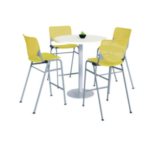 Picture of Pedestal Bistro Table with Four Yellow Kool Series Barstools, Round, 36"Dia x 41h, Designer White, Ships in 4-6 Business Days