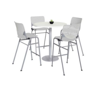Picture of Pedestal Bistro Table with Four Light Gray Kool Series Barstools, Round, 36" Dia x 41h, Designer White, Ships in 4-6 Bus Days