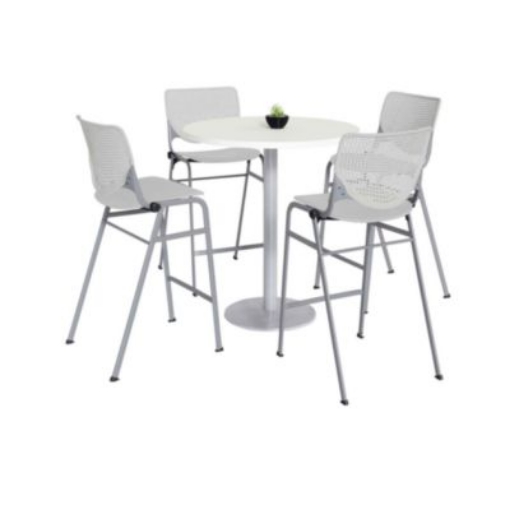 Picture of Pedestal Bistro Table with Four Light Gray Kool Series Barstools, Round, 36" Dia x 41h, Designer White, Ships in 4-6 Bus Days