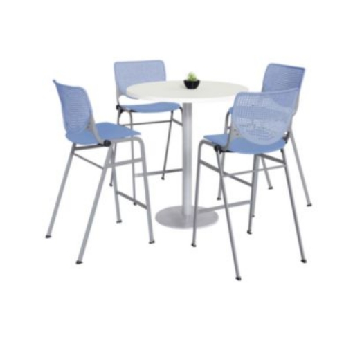 Picture of Pedestal Bistro Table with Four Periwinkle Kool Series Barstools, Round, 36" Dia x 41h, Designer White, Ships in 4-6 Bus Days