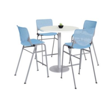 Picture of Pedestal Bistro Table with Four Sky Blue Kool Series Barstools, Round, 36" Dia x 41h, Designer White, Ships in 4-6 Bus Days