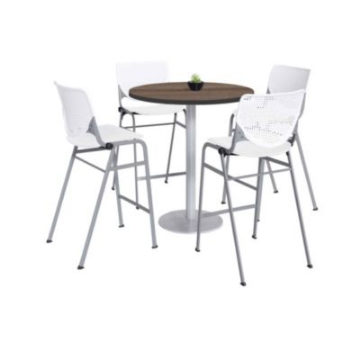 Picture of Pedestal Bistro Table with Four White Kool Series Barstools, Round, 36" Dia x 41h, Studio Teak, Ships in 4-6 Business Days