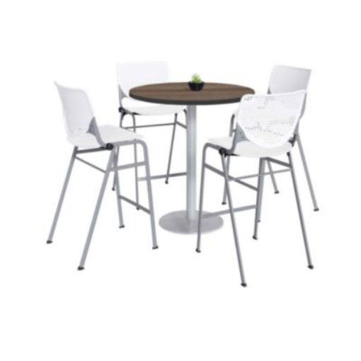 Picture of Pedestal Bistro Table with Four White Kool Series Barstools, Round, 36" Dia x 41h, Studio Teak, Ships in 4-6 Business Days
