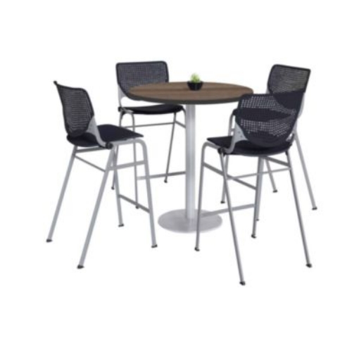Picture of Pedestal Bistro Table with Four Black Kool Series Barstools, Round, 36" Dia x 41h, Studio Teak, Ships in 4-6 Business Days