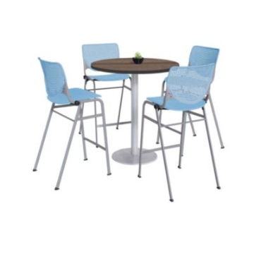Picture of Pedestal Bistro Table with Four Sky Blue Kool Series Barstools, Round, 36" Dia x 41h, Studio Teak, Ships in 4-6 Business Days