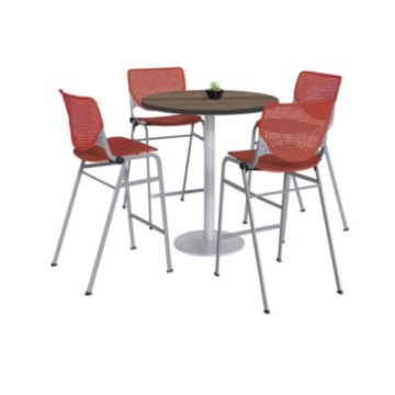 Picture of Pedestal Bistro Table with Four Coral Kool Series Barstools, Round, 36" Dia x 41h, Studio Teak, Ships in 4-6 Business Days