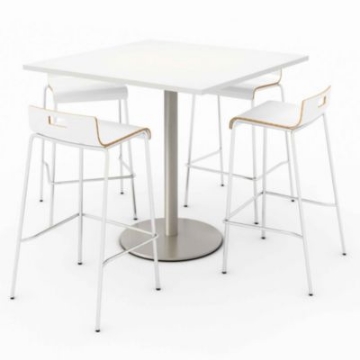 Picture of Pedestal Bistro Table with Four White Jive Series Barstools, Square, 36 x 36 x 41, Designer White, Ships in 4-6 Business Days