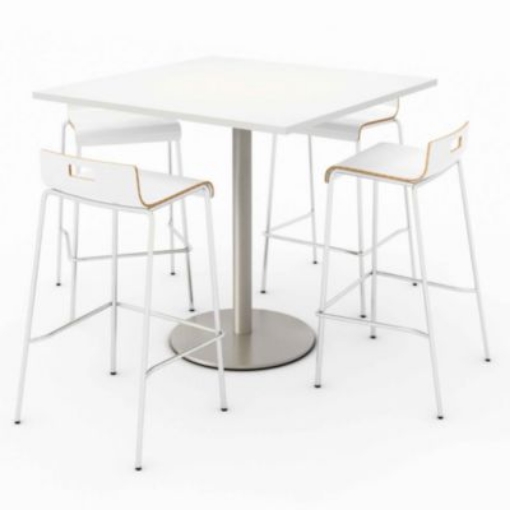 Picture of Pedestal Bistro Table with Four White Jive Series Barstools, Square, 36 x 36 x 41, Designer White, Ships in 4-6 Business Days