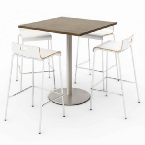 Picture of Pedestal Bistro Table with Four White Jive Series Barstools, Square, 36 x 36 x 41, Studio Teak, Ships in 4-6 Business Days