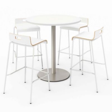 Picture of Pedestal Bistro Table with Four White Jive Series Barstools, Round, 36" Dia x 41h, Designer White, Ships in 4-6 Business Days