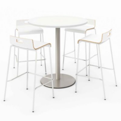 Picture of Pedestal Bistro Table with Four White Jive Series Barstools, Round, 36" Dia x 41h, Designer White, Ships in 4-6 Business Days