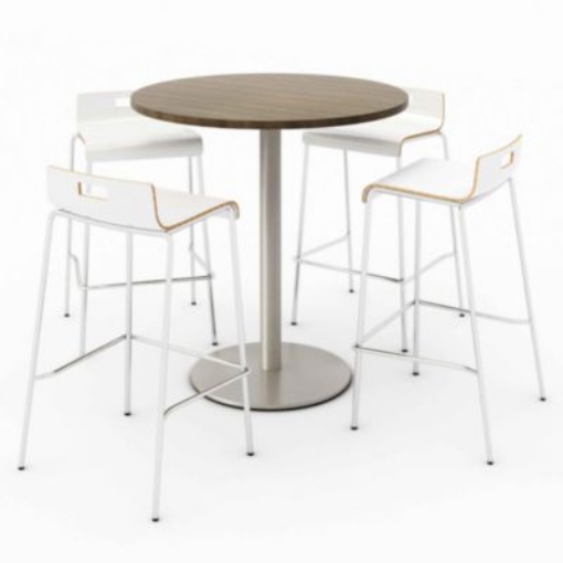 Picture of Pedestal Bistro Table with Four White Jive Series Barstools, Round, 36" Dia x 41h, Studio Teak, Ships in 4-6 Business Days