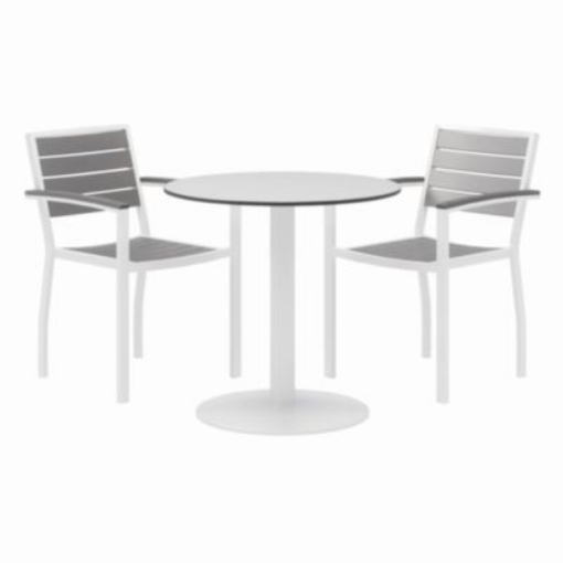 Picture of Eveleen Outdoor Patio Table with 2 Gray Powder-Coated Polymer Chairs, 30" Dia x 29h, Designer White, Ships in 4-6 Bus Days