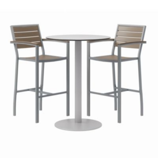 Picture of Eveleen Outdoor Bistro Patio Table, 2 Mocha Powder-Coated Polymer Barstools, Round, 30" Dia x 41h, Gray,Ships in 4-6 Bus Days