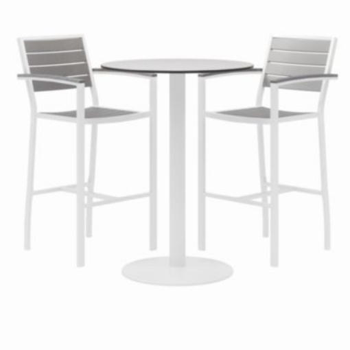 Picture of Eveleen Outdoor Bistro Patio Table, 2 Gray Powder-Coated Polymer Barstools, Round, 30" Dia x 41h, White,Ships in 4-6 Bus Days
