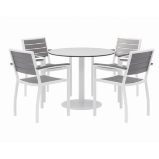 Picture of Eveleen Outdoor Patio Table w/Four Gray Powder-Coated Polymer Chairs, Round, 36" Dia x 29h,White, Ships in 4-6 Business Days
