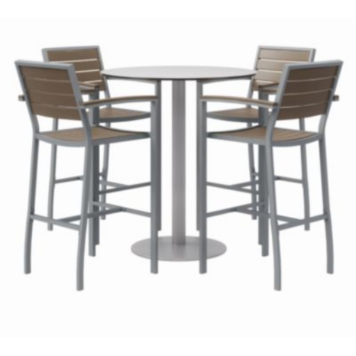Picture of Eveleen Outdoor Bistro Patio Table w/ Four Mocha Powder-Coated Polymer Barstools, Round, 41"h, Gray, Ships in 4-6 Bus Days