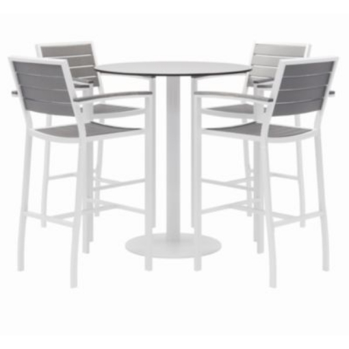 Picture of Eveleen Outdoor Bistro Patio Table w/ Four Gray Powder-Coated Polymer Barstools, Round, 41"h, White, Ships in 4-6 Bus Days