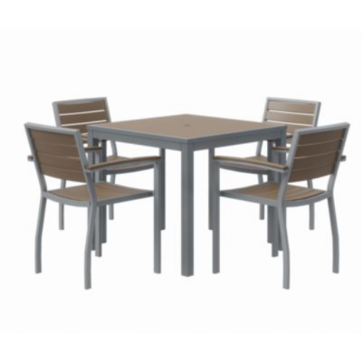 Picture of Eveleen Outdoor Patio Table with Four Mocha Powder-Coated Polymer Chairs, Square, 32", Mocha, Ships in 4-6 Business Days