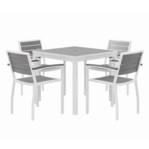 Picture of Eveleen Outdoor Patio Table with Four Gray Powder-Coated Polymer Chairs, 32" Square, Gray, Ships in 4-6 Business Days