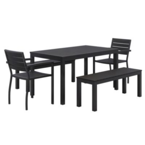 Picture of Eveleen Outdoor Patio Table w/ Two Black Powder-Coated Polymer Chairs and Two Benches, 32 x 55, Gray, Ships in 4-6 Bus Days
