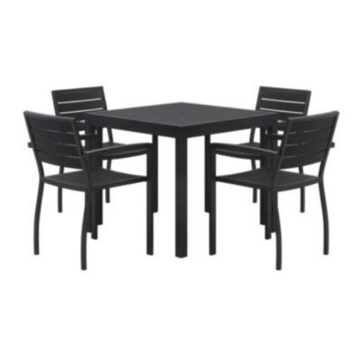 Picture of Eveleen Outdoor Patio Table with Four Black Powder-Coated Polymer Chairs, Square, 35", Black, Ships in 4-6 Business Days