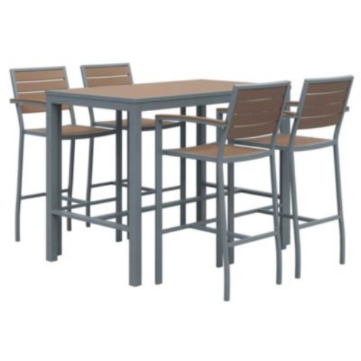 Picture of Eveleen Outdoor Bistro Patio Table with Four Mocha Powder-Coated Polymer Barstools, 32 x 55, Mocha, Ships in 4-6 Bus Days