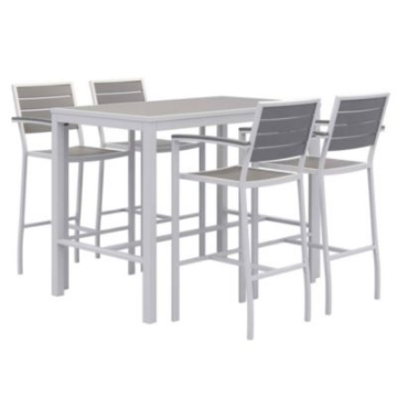 Picture of Eveleen Outdoor Bistro Patio Table with Four Gray Powder-Coated Polymer Barstools, 32 x 55, Gray, Ships in 4-6 Business Days