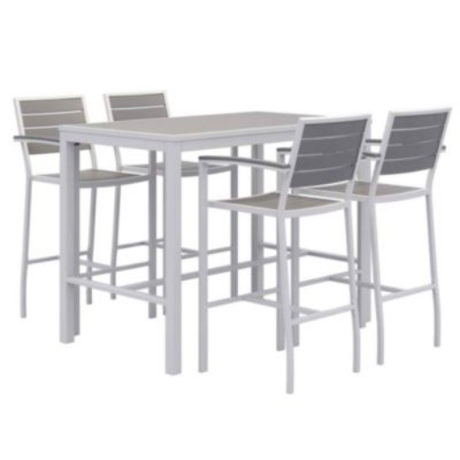 Picture of Eveleen Outdoor Bistro Patio Table with Four Gray Powder-Coated Polymer Barstools, 32 x 55, Gray, Ships in 4-6 Business Days