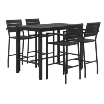 Picture of Eveleen Outdoor Bistro Patio Table with Four Black Powder-Coated Polymer Barstools, 32 x 55, Black, Ships in 4-6 Bus Days