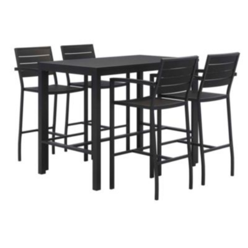 Picture of Eveleen Outdoor Bistro Patio Table with Four Black Powder-Coated Polymer Barstools, 32 x 55, Black, Ships in 4-6 Bus Days