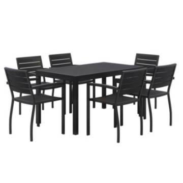 Picture of Eveleen Outdoor Patio Table with Six Black Powder-Coated Polymer Chairs, 32 x 55 x 29, Black, Ships in 4-6 Business Days