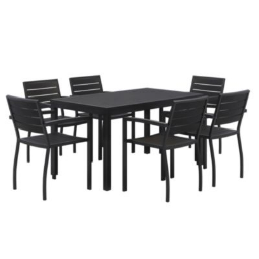 Picture of Eveleen Outdoor Patio Table with Six Black Powder-Coated Polymer Chairs, 32 x 55 x 29, Black, Ships in 4-6 Business Days