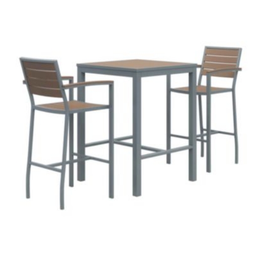 Picture of Eveleen Outdoor Bistro Patio Table with Two Mocha Powder-Coated Polymer Barstools, 30" Square, Mocha, Ships in 4-6 Bus Days