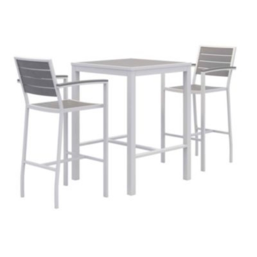 Picture of Eveleen Outdoor Bistro Patio Table with Two Gray Powder-Coated Polymer Barstools, 30" Square, Gray, Ships in 4-6 Bus Days