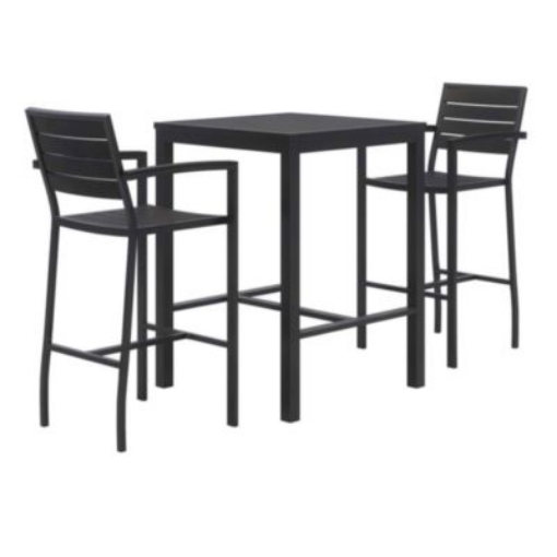 Picture of Eveleen Outdoor Bistro Patio Table with Two Black Powder-Coated Polymer Barstools, 30" Square, Black, Ships in 4-6 Bus Days