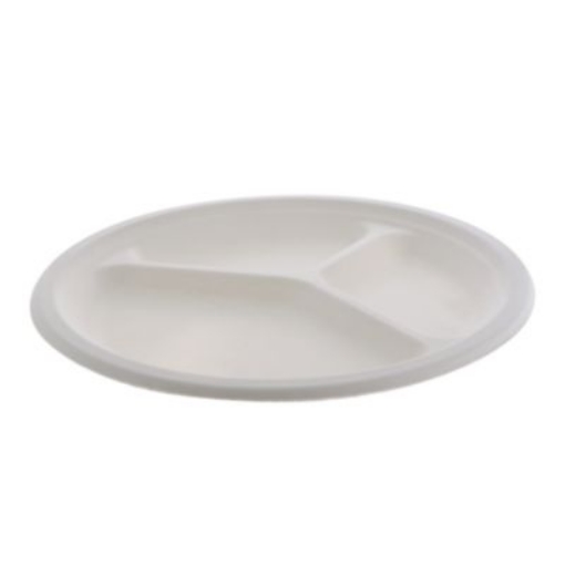 Picture of EarthChoice PFAS Free Compostable Dinnerware, Plate, 3-Compartment, 10.25" Diameter, Natural, 500/Carton