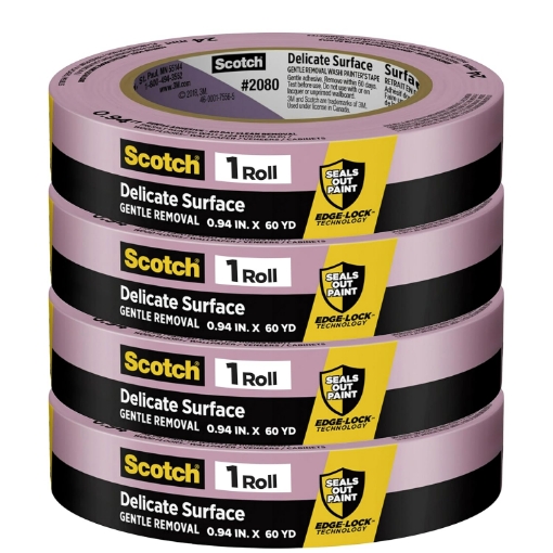 Picture of 3M ScotchBlue 2080 Delicate Surface Painter’s Tape, 1" x 60 Yds (Pack of 4) - Edge-Lock Technology for Sharp Lines, 60-Day Clean Removal, Gentle Blue Masking Tape for Walls & Trim, No Residue