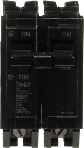 Picture of ABB Q-Line THQL21100 100A Double Pole Circuit Breaker • 100 Amp Double Pole 120/240 VAC Breaker • 2-Pole Standard Circuit Breaker • Electrical Safety Switch • Plug-in Mount Type