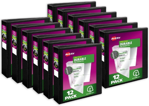 Picture of Avery Durable View 3 Ring Binders, 2 Inch Slant Rings, 530-Sheet Capacity, DuraHinge, 2.8 Inch Wide Spine, Customizable Clear Cover and Spine, Black Binders (12-Pack of 17031)