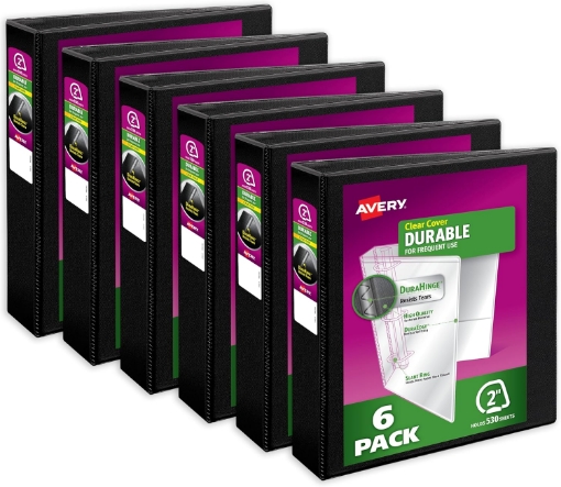 Picture of Avery Durable View 3 Ring Binders, 2 Inch Slant Rings, 530-Sheet Capacity, DuraHinge, 2.8 Inch Wide Spine, Customizable Clear Cover and Spine, Black Binders (6-pack of 17031)