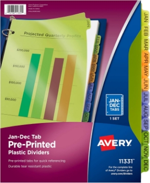 Picture of Avery Pre-Printed Jan-Dec Plastic Dividers for 3 Ring Binders, 12-Tab Set, Multicolor, 1 Set (11331)