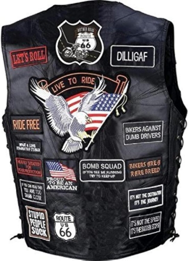 Picture of Diamond Plate Genuine Buffalo Leather Biker Vest for Adult Men, Black, Medium, USA, BORN WILD STILL WILD, FREEDOM ISN'T FREE