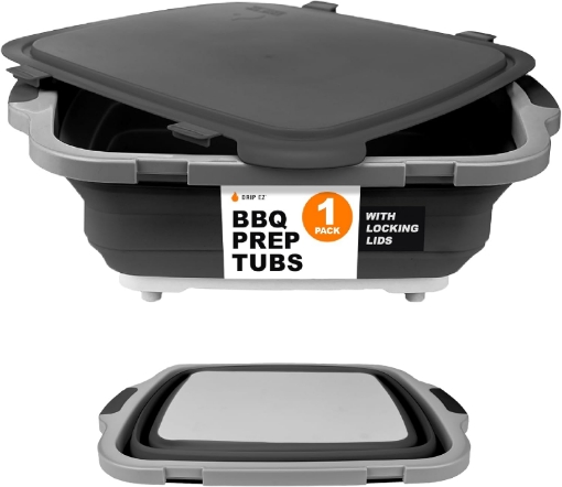 Picture of Drip EZ Collapsible BBQ Prep Tub- for Meal Prep Marinating Food Storage - Includes Cutting Board & Locking Lid - (1) OG - Black