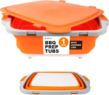 Picture of Drip EZ Collapsible BBQ Prep Tub- for Meal Prep Marinating Food Storage - Includes Cutting Board & Locking Lid - (1) OG - Orange