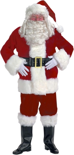 Picture of Exquisite Burgundy Velvet Santa Suit Jacket Size 58-62 Halco Claus #7098 Zipper Coat Satin Lined Pants Hat Belt Boot Tops Gloves Full Costume Set Outfit