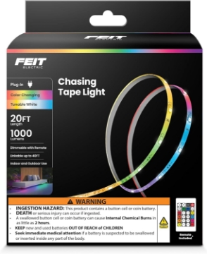 Picture of Feit Electric 20ft Chasing & Tunable White LED Tape Light, RGB Colors, Dimmable, Cut-to-Size, Linkable Up to 40ft, Remote Control, Indoor/Outdoor Plug-in Light Strip, Slim 0.4in Width, TAPE240/CHASE