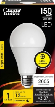 Picture of Feit Electric A21 LED Light Bulb, 150W Equivalent, Dimmable, 2605 Lumens, E26 Standard Base, 3000K Bright White, 80 CRI, High Output LED Light Bulb, Damp Rated, 15,000-Hour Lifetime, OM150DM/830/LED
