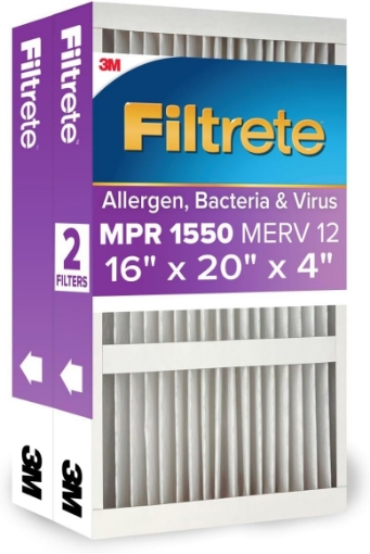 Picture of Filtrete 16x20x4 AC Furnace Air Filter, MPR 1550, MERV 12, Fits Lennox & Honeywell, Allergen, Electrostatic Air Cleaning Filter, 2-Pack (actual size 15.88x19.88x4.31 in)