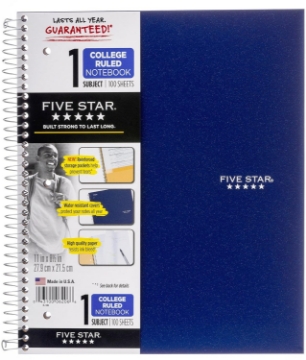 Picture of Five Star 06206 11" X 8-1/2" 1 Subject Wirebound Notebook Assorted Colors